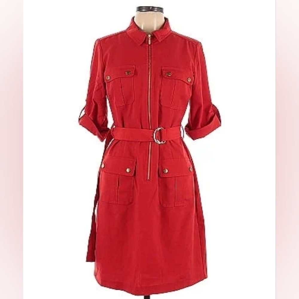 Sharagano Casual Red Belted Front Zip Dress Size 12